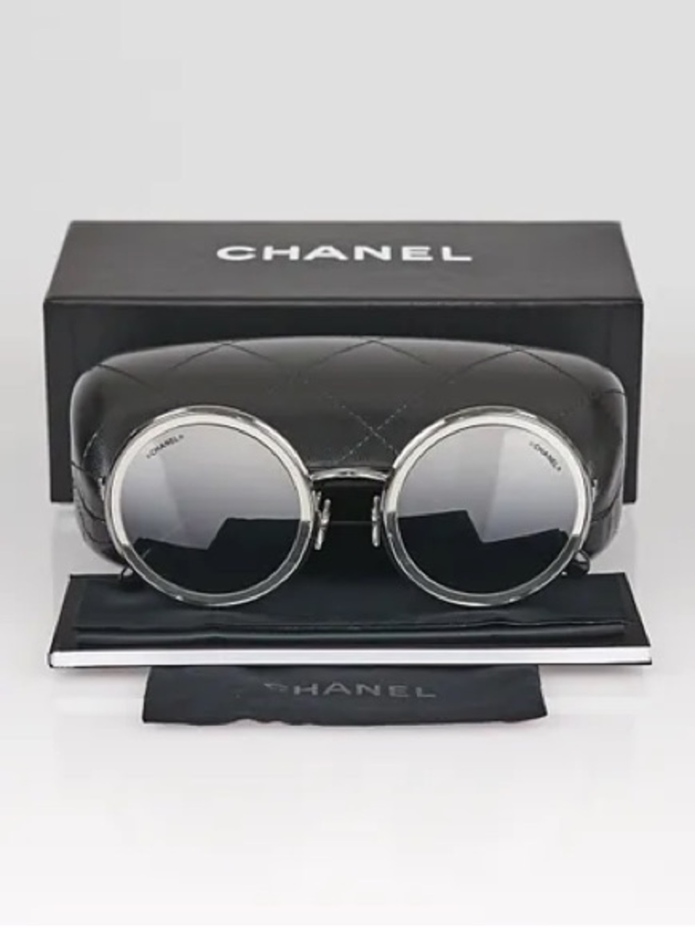 Authentic CHANEL Round Silver Frame Sunglasses with Black Quilted Case